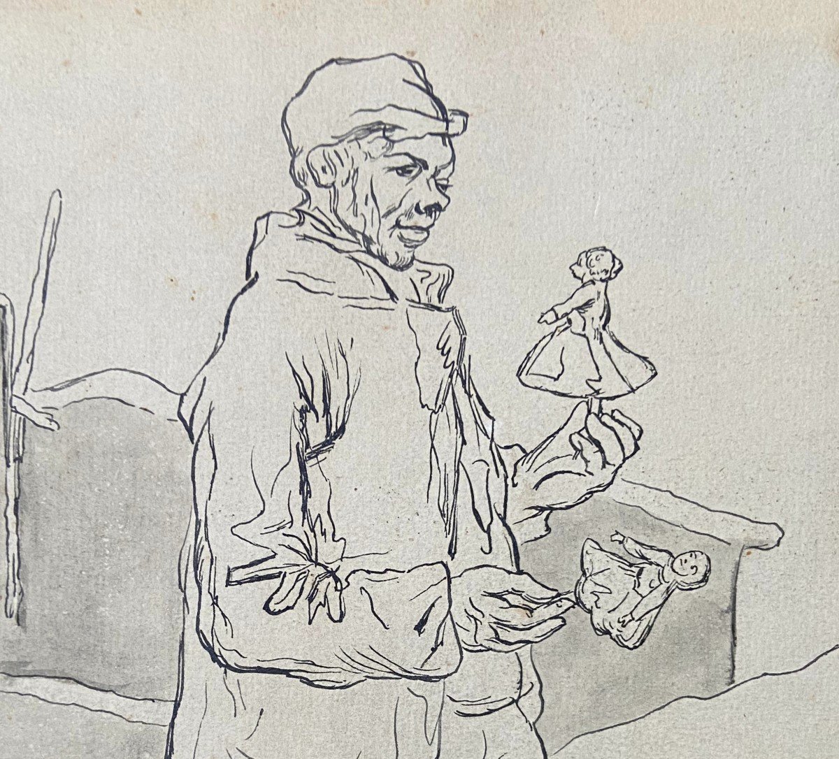 Paul Gavarni (1804-1866) The Puppeteer, Study For Janvier, Signed Drawing-photo-4