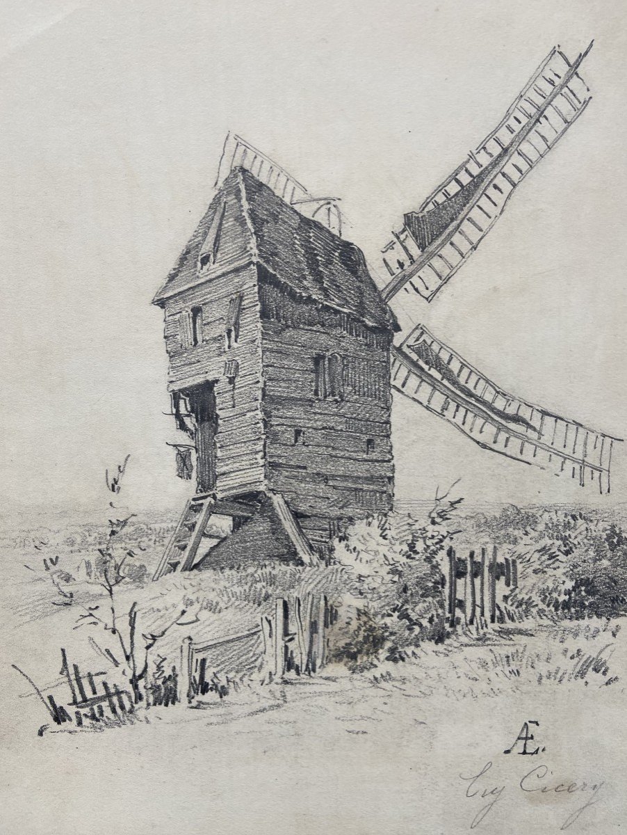 Eugène Cicéri (1813 - 1890) Le Moulin, Dessin Signé -photo-3