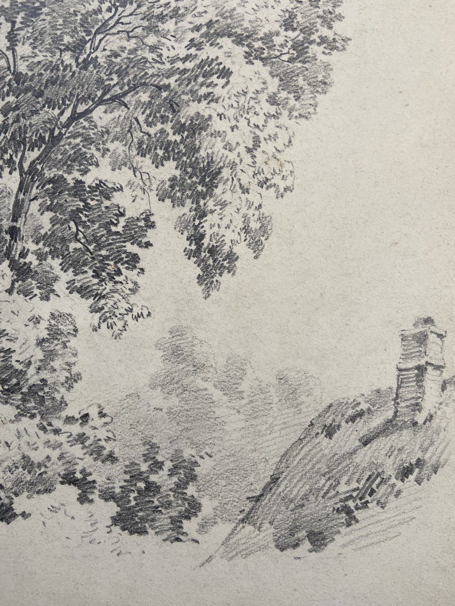 Eugène Cicéri (1813 - 1890) Un arbre au-dessus d'une chaumière, dessin signé-photo-4