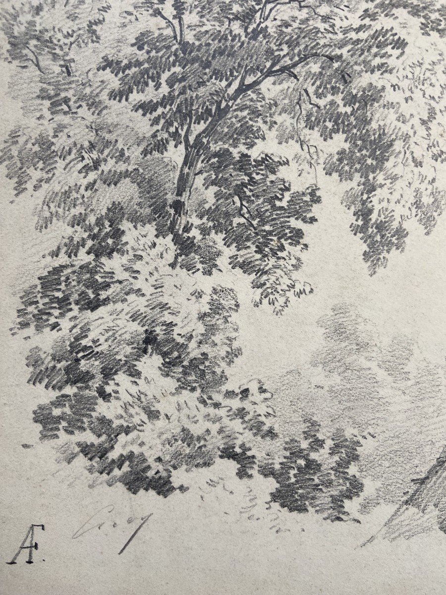 Eugène Cicéri (1813 - 1890) Un arbre au-dessus d'une chaumière, dessin signé-photo-1