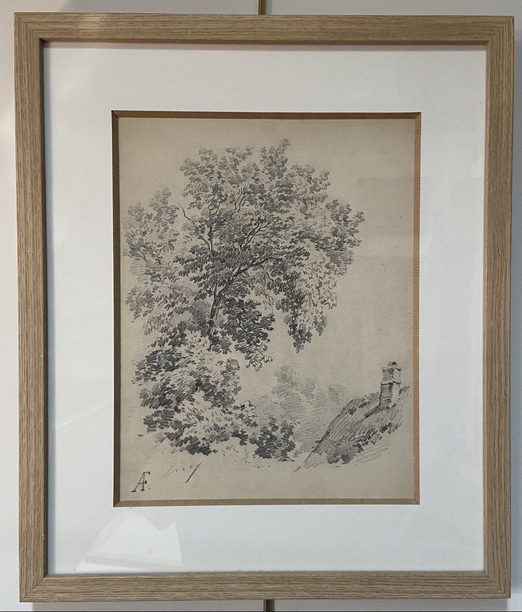 Eugène Cicéri (1813 - 1890) Un arbre au-dessus d'une chaumière, dessin signé-photo-4