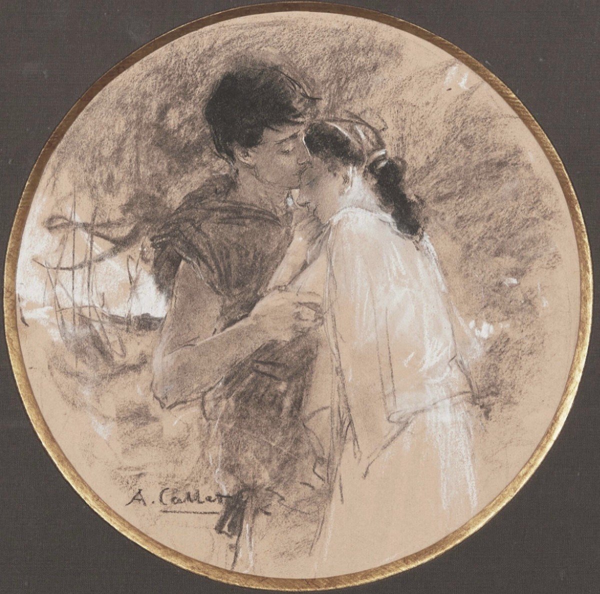 Antoine Calbet (1860-1942) Daphnis et Chloé, dessin original signé