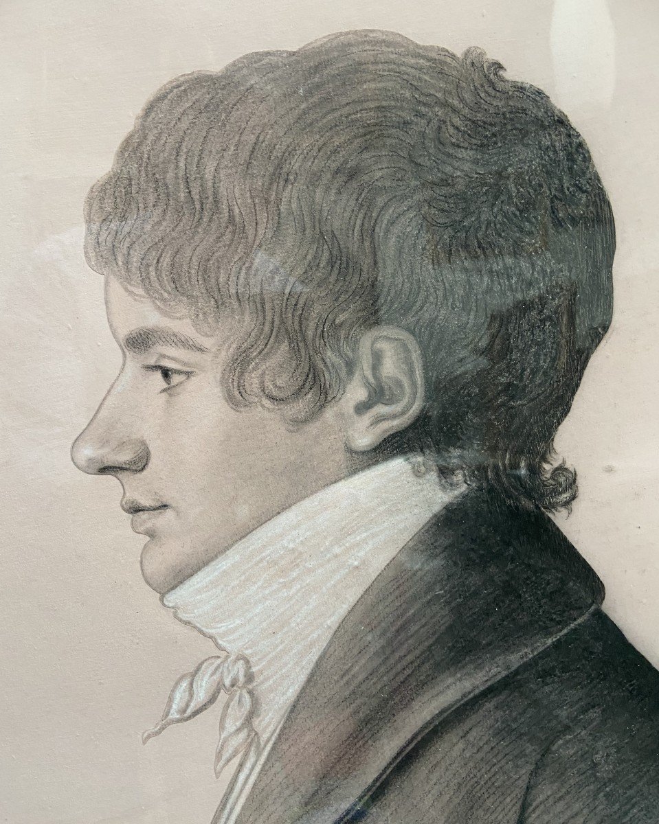 19th Century French School, Portrait Of A Young Man In Profile, Oval Drawing-photo-4