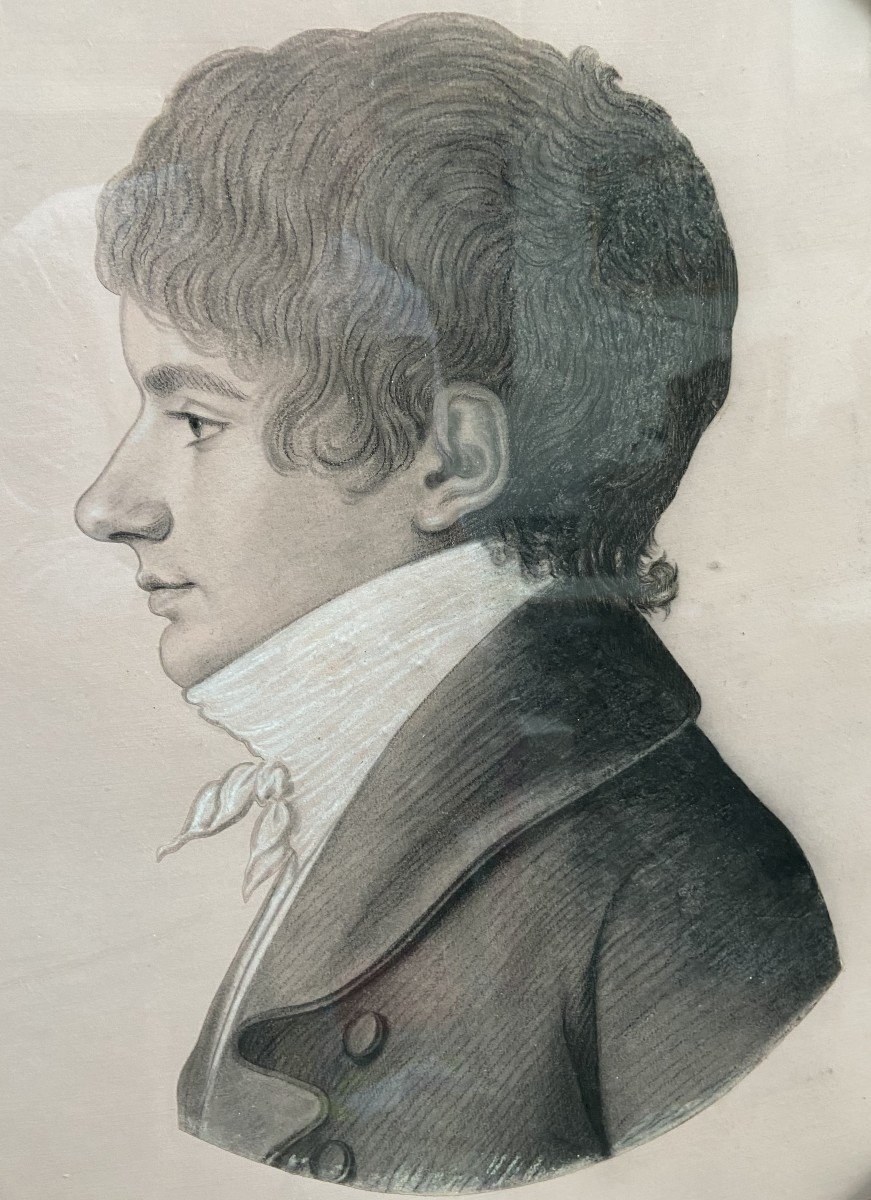 19th Century French School, Portrait Of A Young Man In Profile, Oval Drawing-photo-5