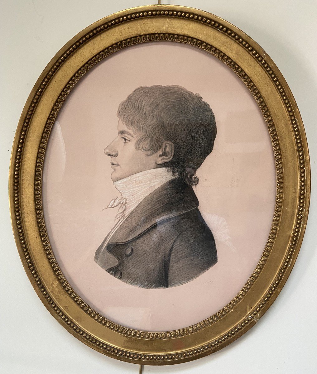 19th Century French School, Portrait Of A Young Man In Profile, Oval Drawing