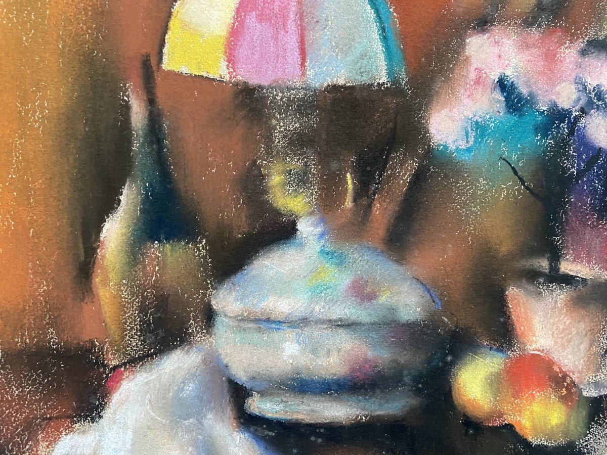 Henry Ottmann (1877-1927)   Nature morte à la lampe, pastel signé-photo-4