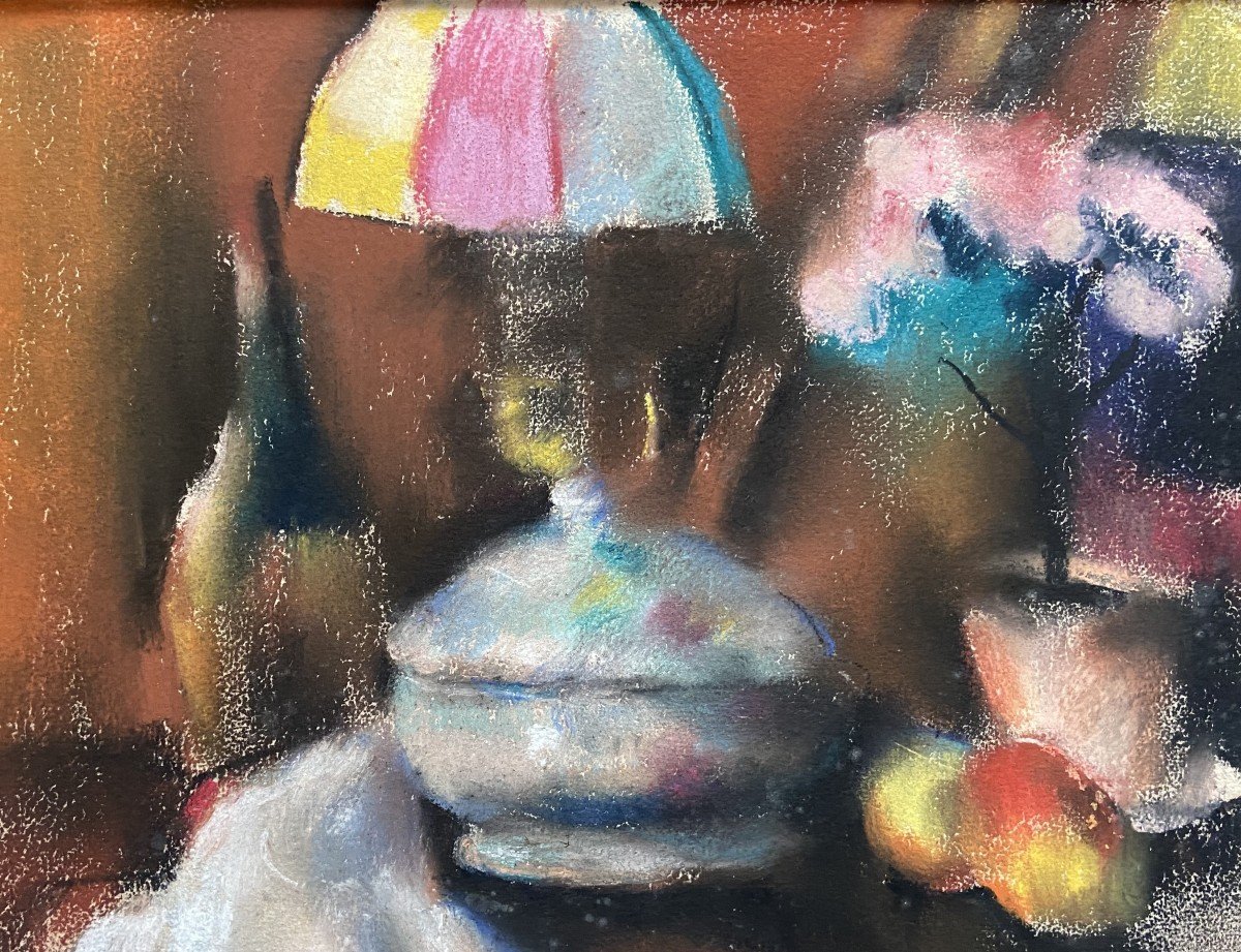 Henry Ottmann (1877-1927)   Nature morte à la lampe, pastel signé-photo-4