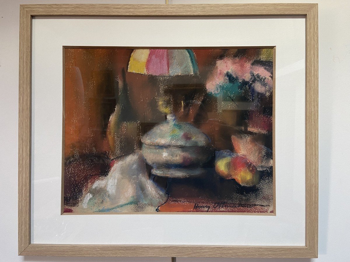 Henry Ottmann (1877-1927)   Nature morte à la lampe, pastel signé-photo-6