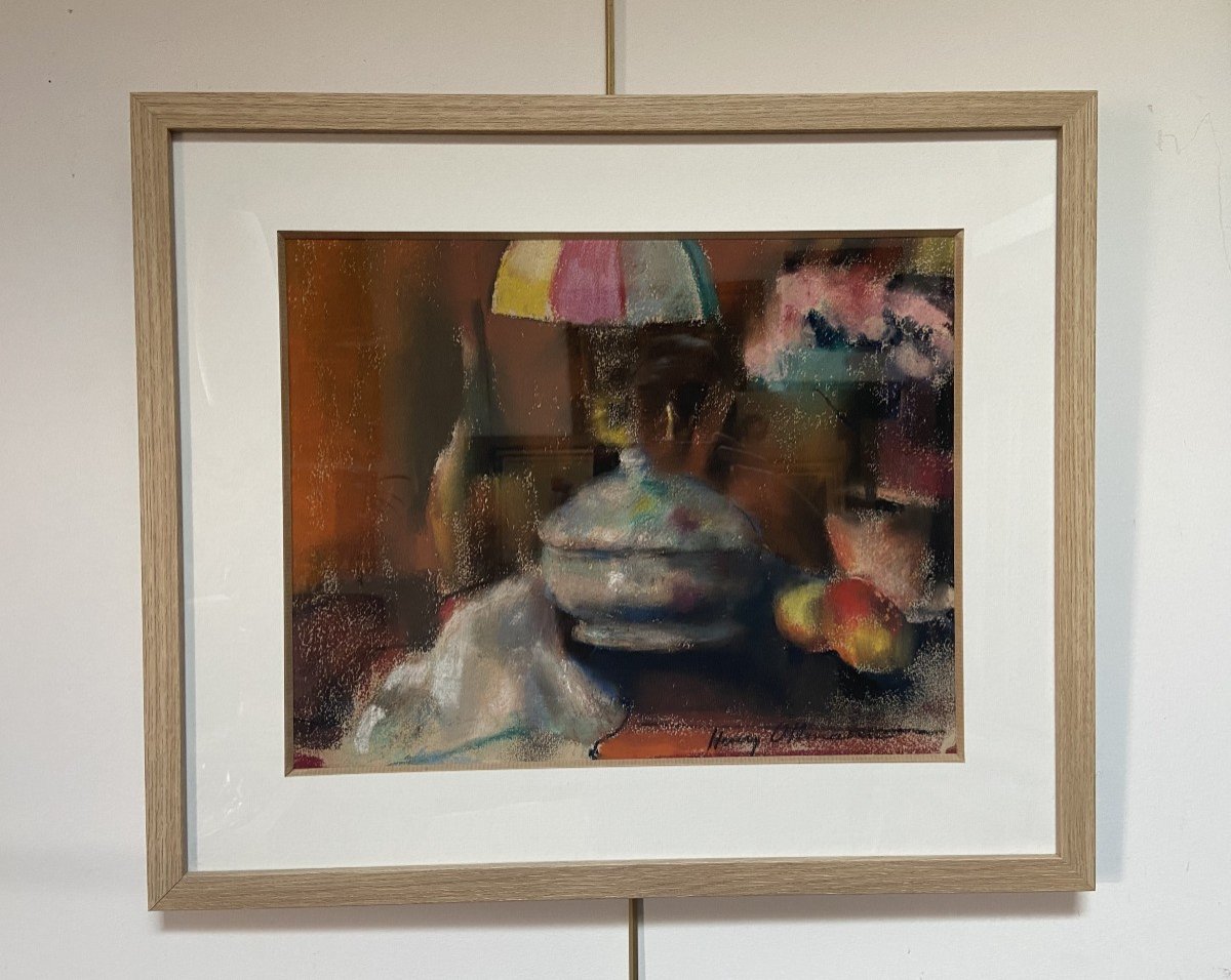 Henry Ottmann (1877-1927)   Nature morte à la lampe, pastel signé-photo-7