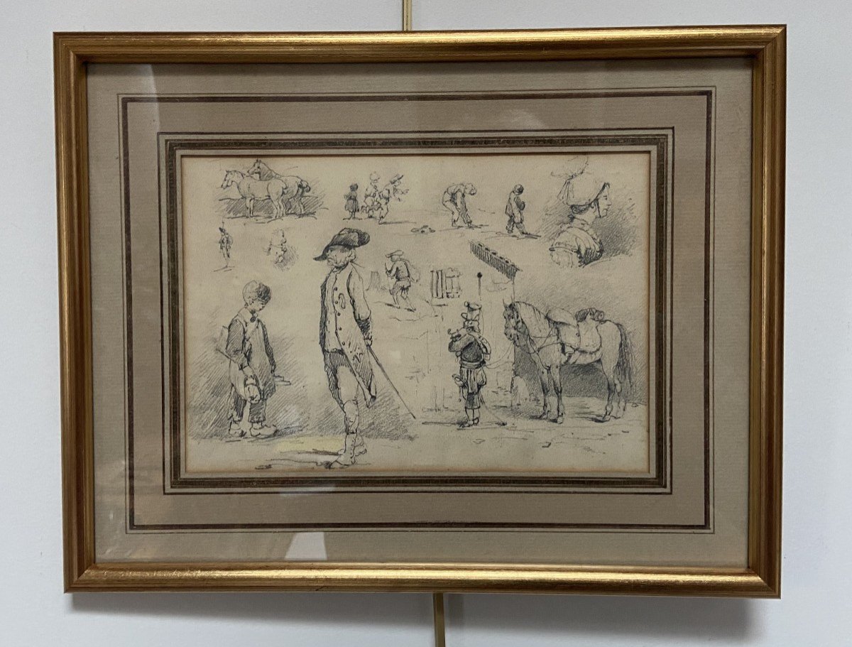 École française du XIXe siècle, Études de chevaux et petites scènes, dessin original-photo-2