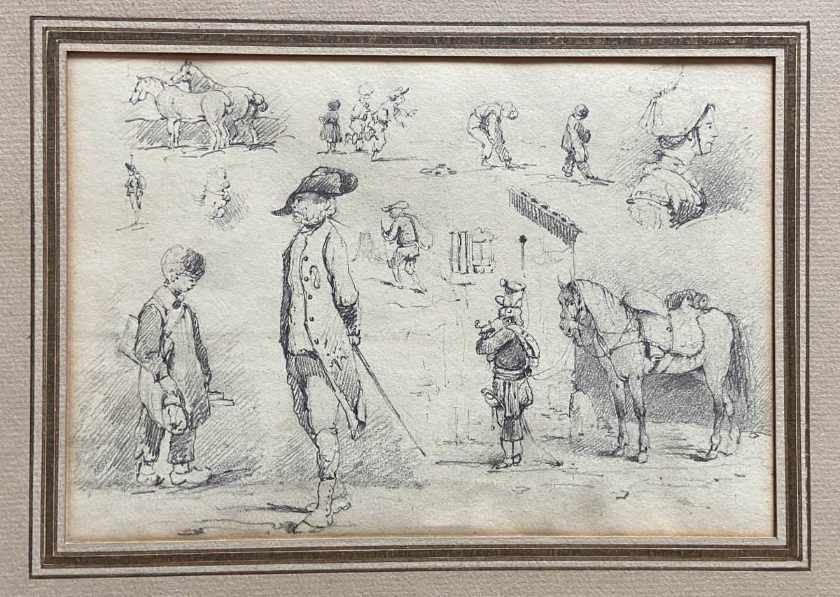 École française du XIXe siècle, Études de chevaux et petites scènes, dessin original-photo-3