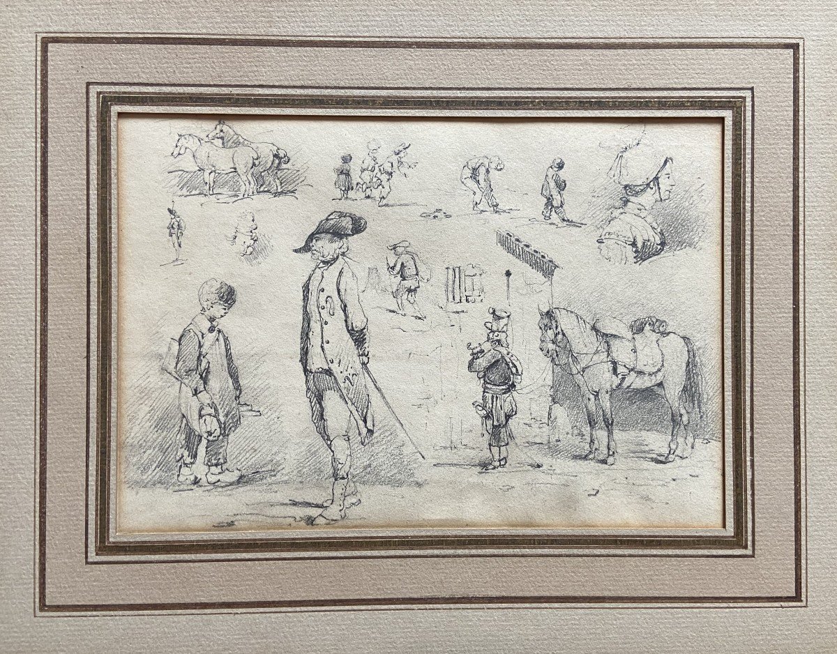 École française du XIXe siècle, Études de chevaux et petites scènes, dessin original-photo-4