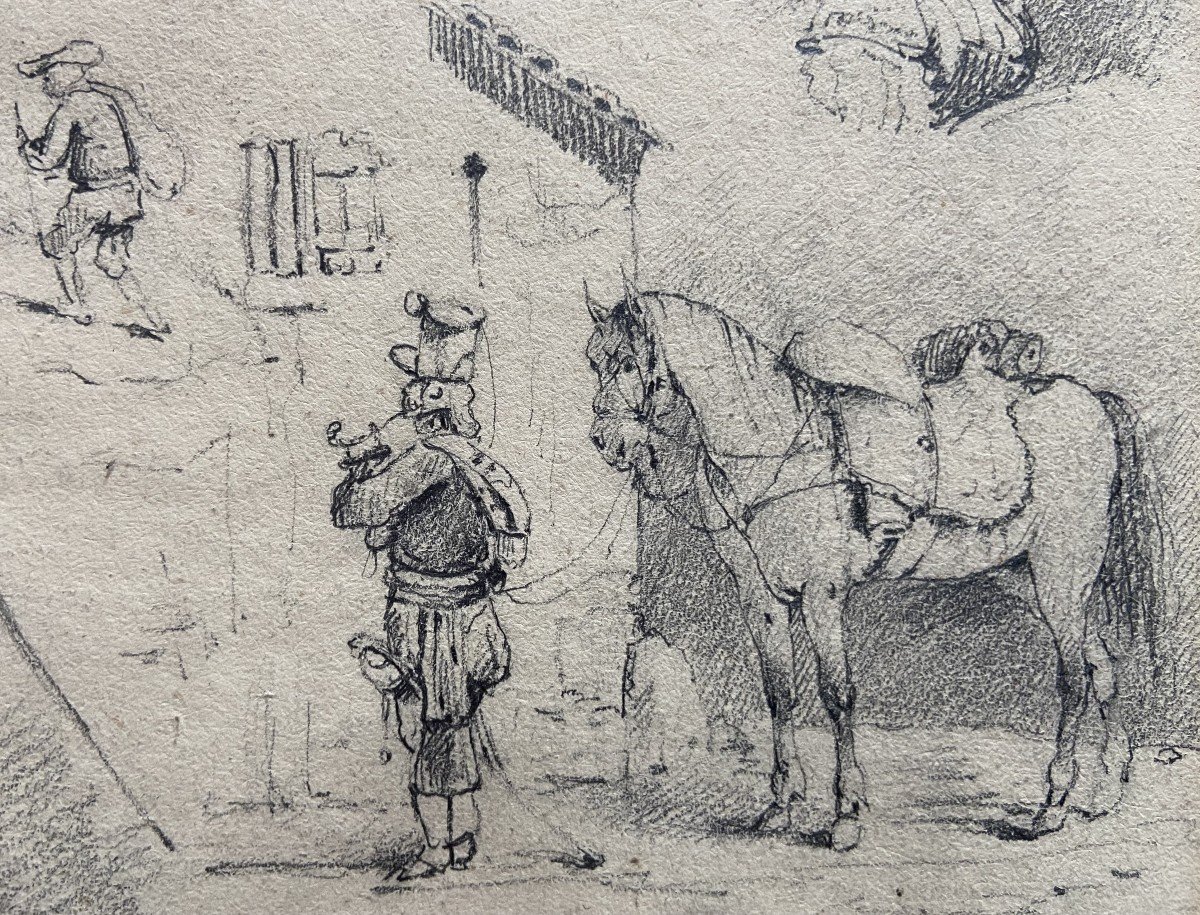 École française du XIXe siècle, Études de chevaux et petites scènes, dessin original-photo-3