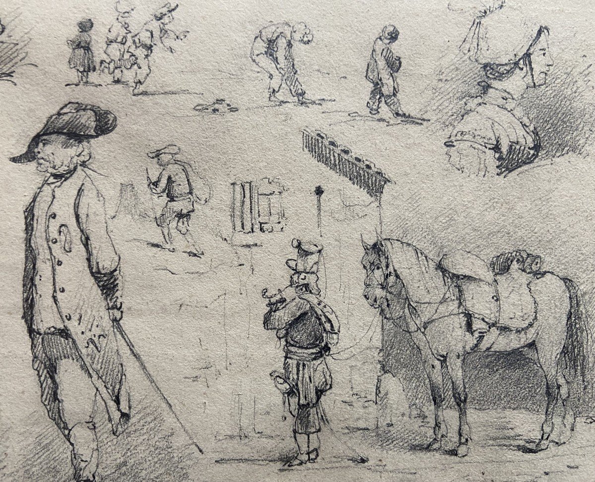 École française du XIXe siècle, Études de chevaux et petites scènes, dessin original-photo-4