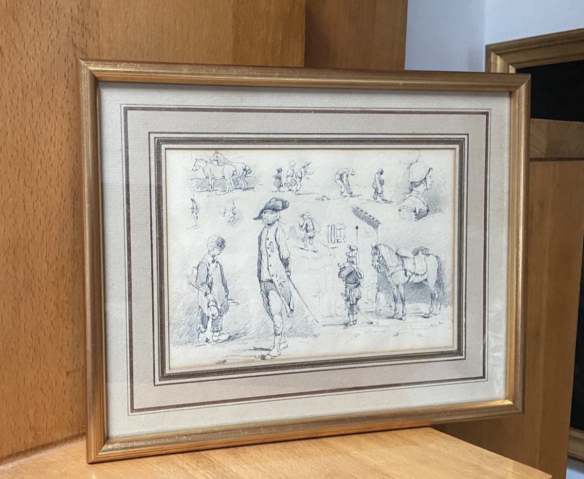 École française du XIXe siècle, Études de chevaux et petites scènes, dessin original-photo-6