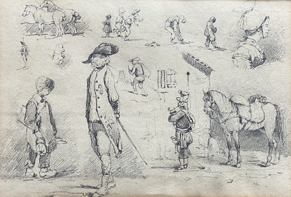 École française du XIXe siècle, Études de chevaux et petites scènes, dessin original