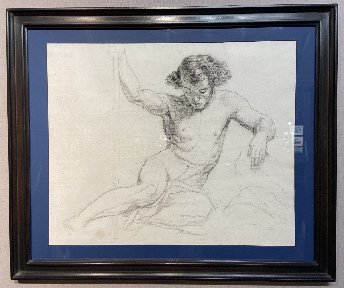 French Romantic School Of The 19th Century, Study Of A Half-naked Young Man, Pencil On Paper-photo-2