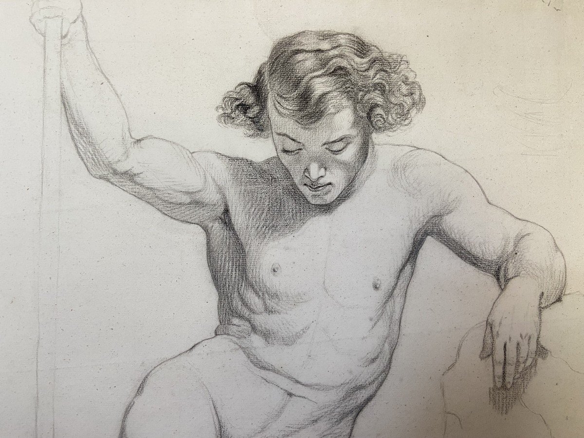 French Romantic School Of The 19th Century, Study Of A Half-naked Young Man, Pencil On Paper-photo-3