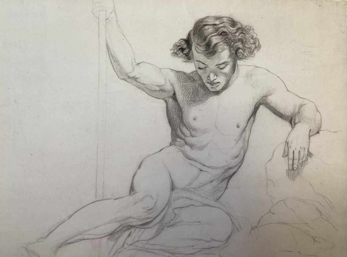 French Romantic School Of The 19th Century, Study Of A Half-naked Young Man, Pencil On Paper-photo-4