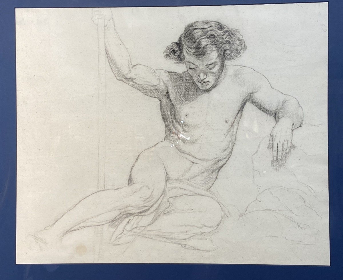 French Romantic School Of The 19th Century, Study Of A Half-naked Young Man, Pencil On Paper-photo-1