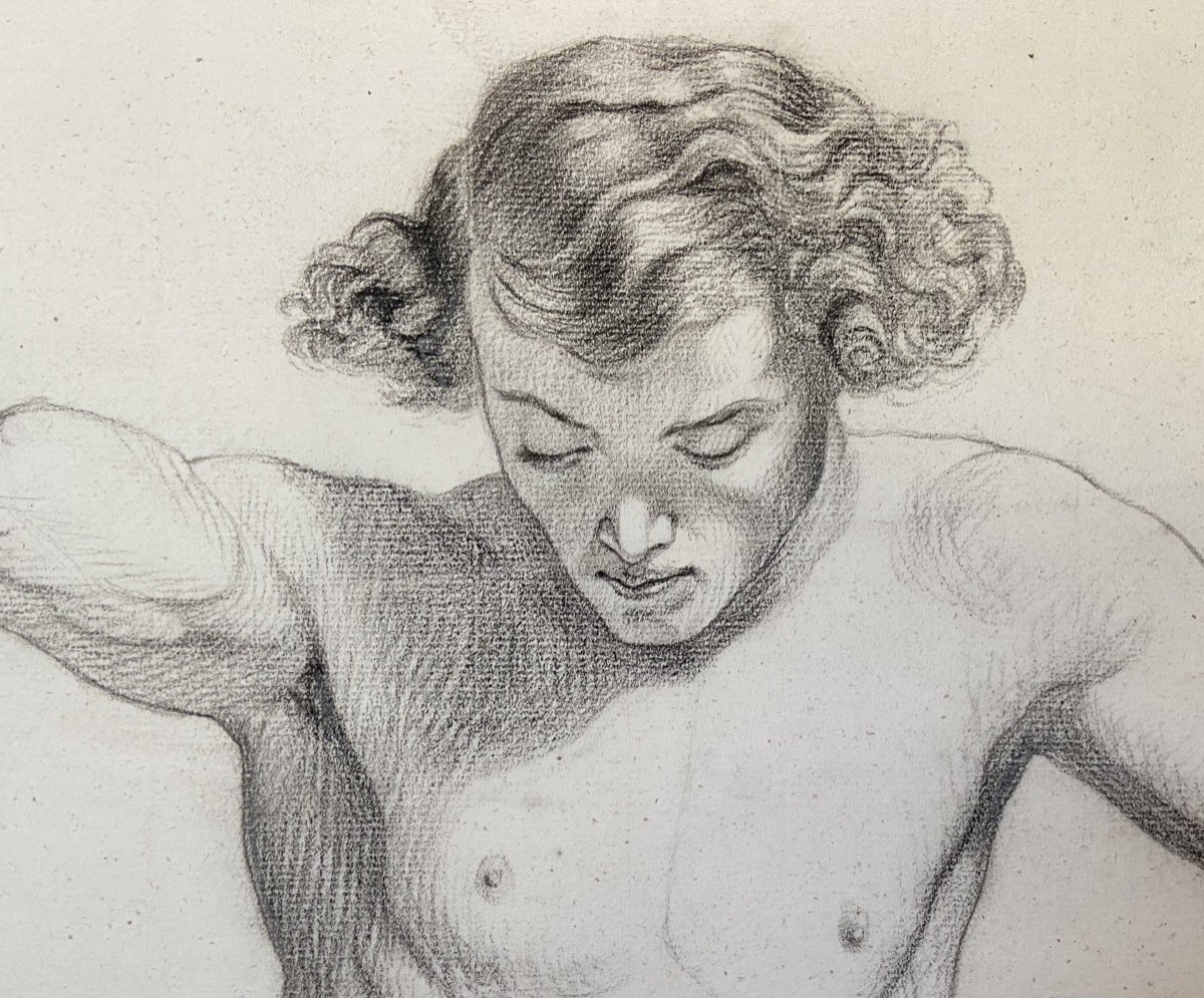 French Romantic School Of The 19th Century, Study Of A Half-naked Young Man, Pencil On Paper-photo-4