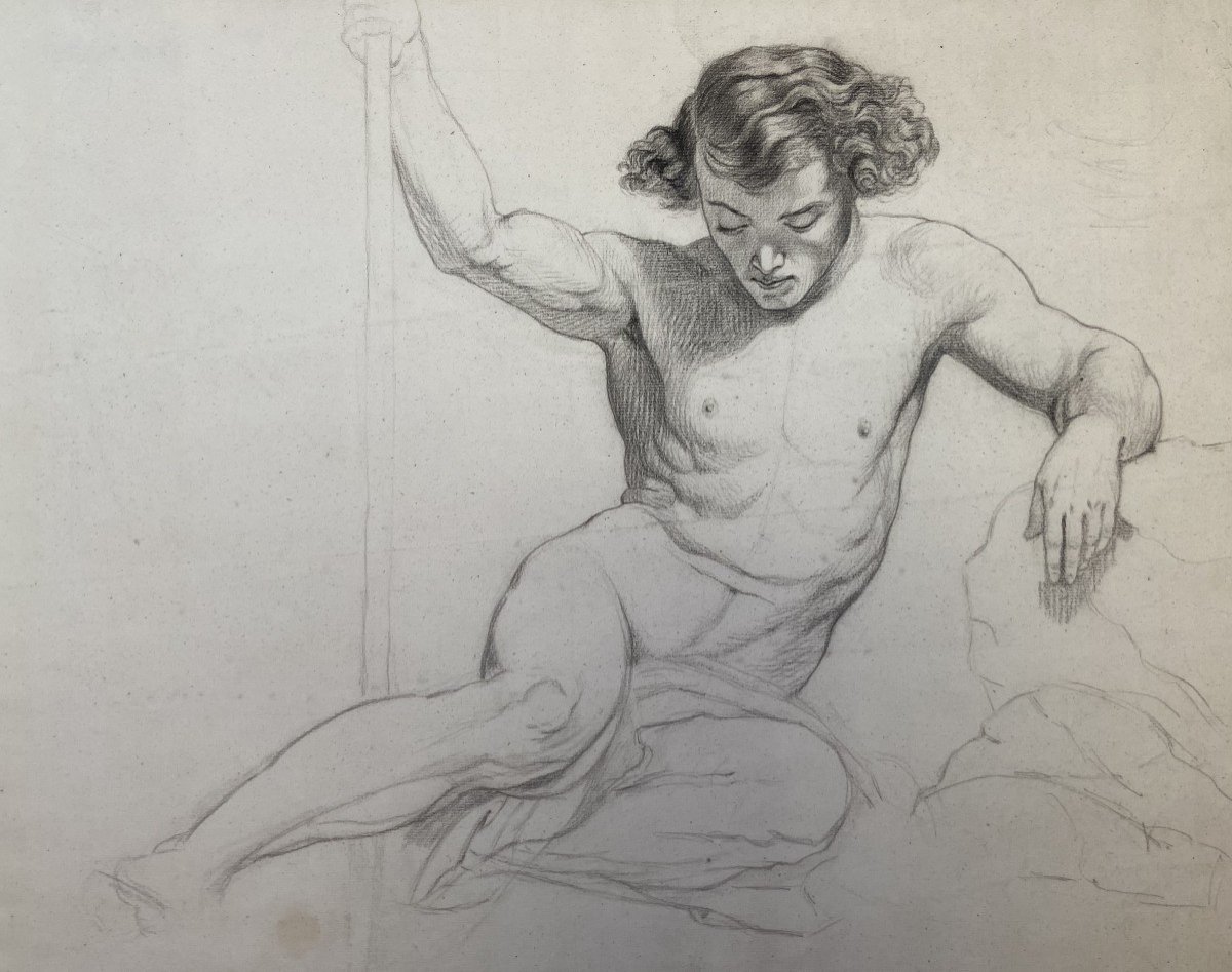 French Romantic School Of The 19th Century, Study Of A Half-naked Young Man, Pencil On Paper