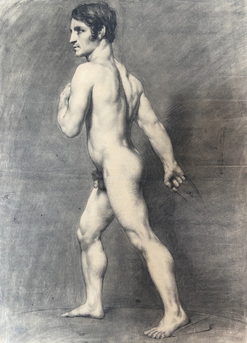 19th Century French School, Académie d'Homme, A Standing Nude Man, , Drawing-photo-3