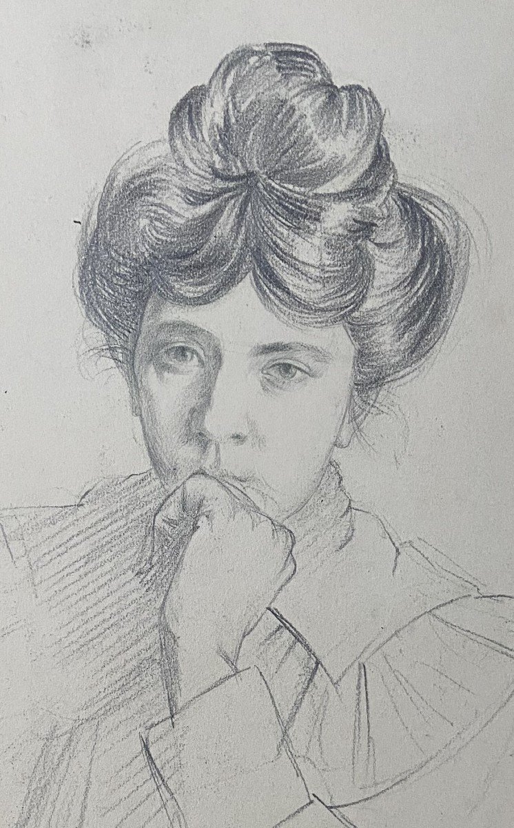 André Eugène Costilhes (1865-1940) Pensive Young Woman, Drawing-photo-4