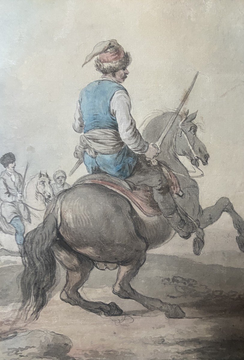 Attribué à Francesco Casanova (1727-1803),  Un Mamelouk Combattant Sur Son Cheval,  Aquarelle -photo-1