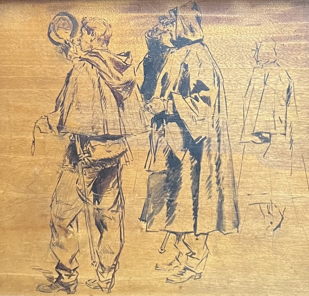 Edouard Detaille (1848-1912) Soldiers, Study, Black Ink On Wood Panel 