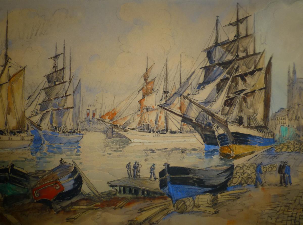 Frank Will (1900-1950)  Harbor At The Three Masts, Fecamp, Watercolor-photo-3