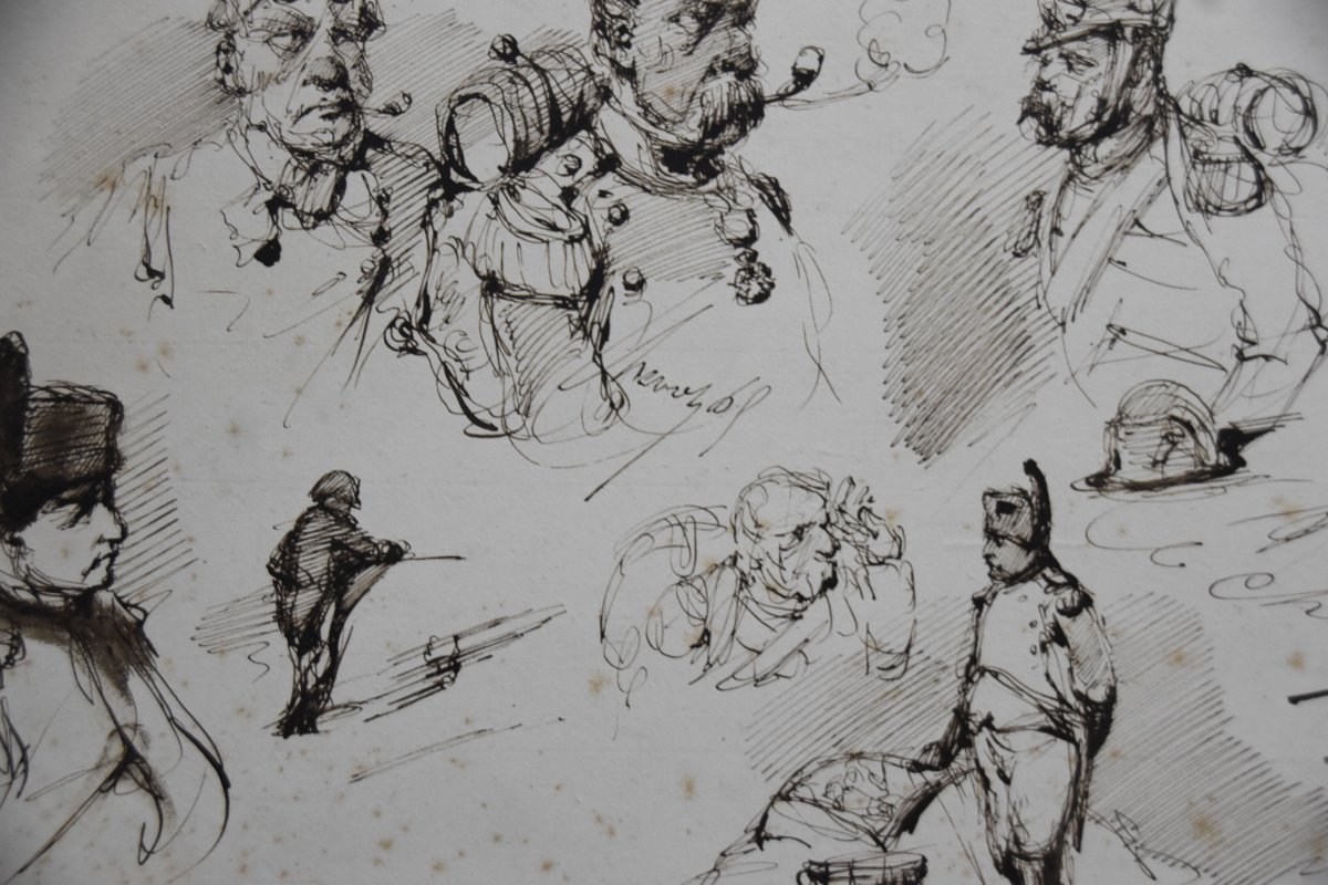 Edouard Chevret (1835-1864) Napoleon And His Grognards, Studies Ink On Paper-photo-1