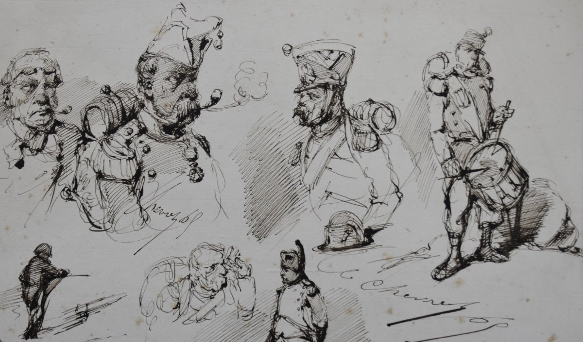 Edouard Chevret (1835-1864) Napoleon And His Grognards, Studies Ink On Paper-photo-2