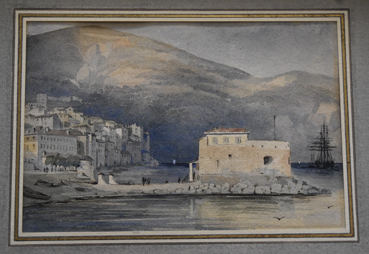 French School Of The XIXth Century, Villefranche Sur Mer, Watercolor-photo-3