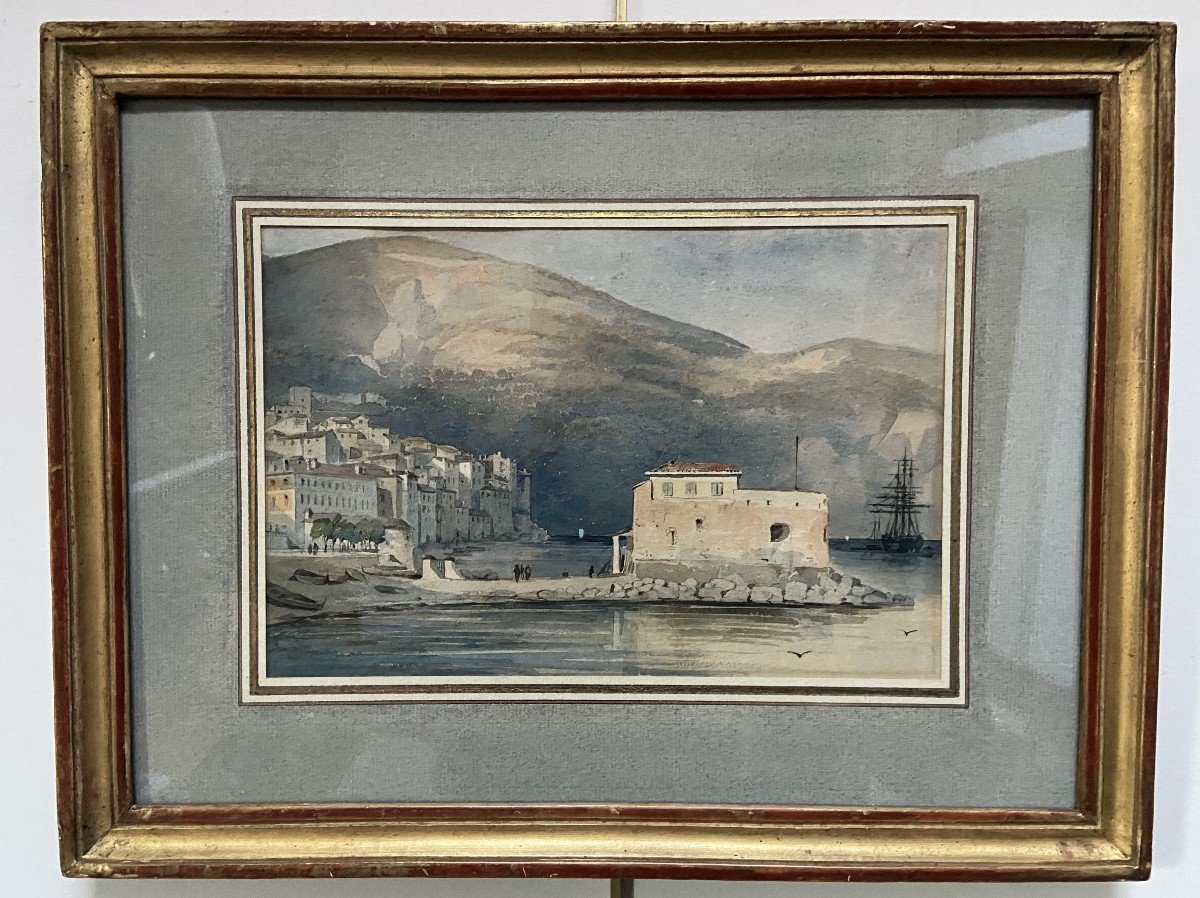 French School Of The XIXth Century, Villefranche Sur Mer, Watercolor-photo-3