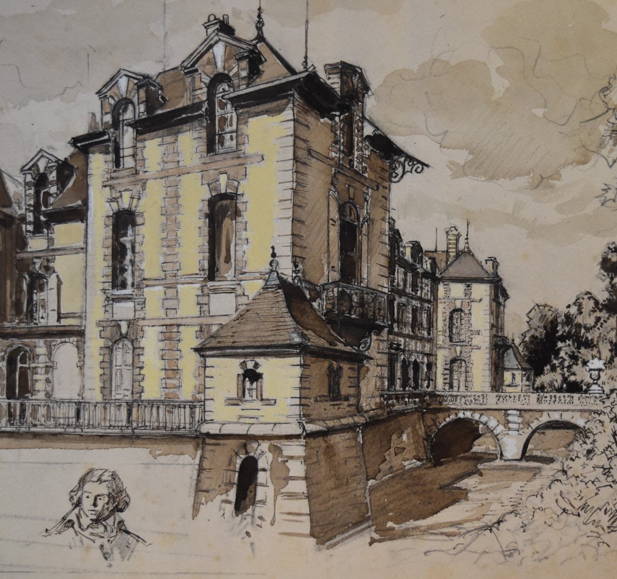 Ecole Française Début Du XX° Siècle, Vue du château de Grosbois et étude de portrait,  Aquarelle-photo-2