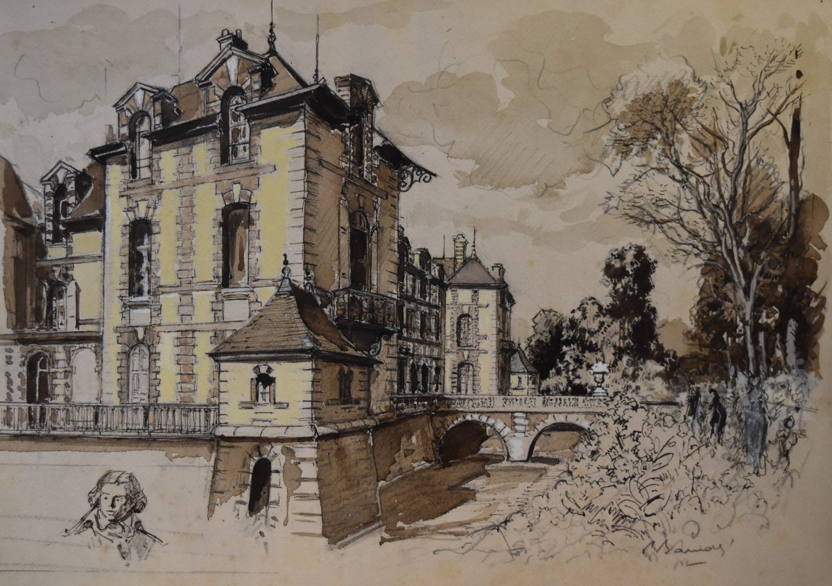 Ecole Française Début Du XX° Siècle, Vue du château de Grosbois et étude de portrait,  Aquarelle