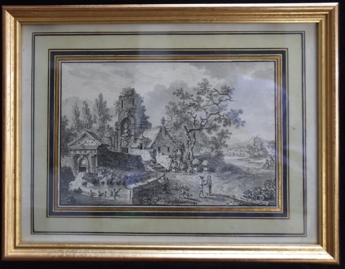 Louis Lesueur (1746-1803) Fantastic Landscape With Ancient Ruins, 1789, Signed Dated Drawing-photo-7