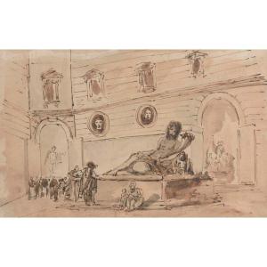 18th Century Roman School , A Palazzo With Antiques, Drawing