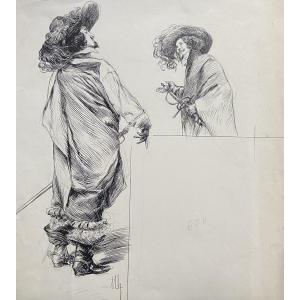 Félicien Myrbach (1853-1940) Un  Duel de Raffinés, dessin original signé