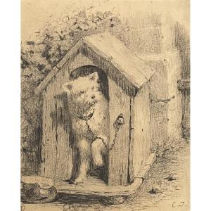 Charles Emile Jacque (paris 1813 - 1894) Dog In A Doghouse,  Signed Drawing