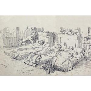 Louis Tinayre (1861-1942) Journalists' Camp In Chambéry, Drawing Signed And Titled