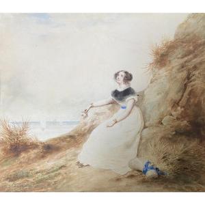 François Grenier De Saint Martin (1793-1867) Une Jeune Femme Sur La Plage, 1829, Aquarelle 