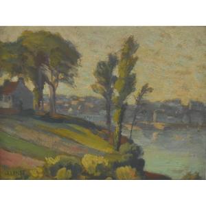 Octave Linet (1870-1962) Paysage de bord de rivière, Huile sur panneau, Signée