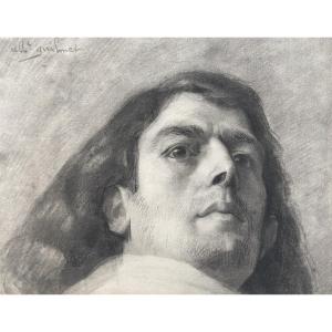 Albert Paul Guilmet (1879-1922)  Portrait d'Homme,  Dessin Au Fusain Signé 