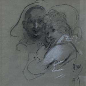 Jules Chéret (1836-1932) Un Couple, 1909, Dessin Signé