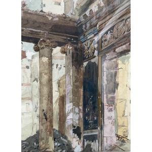 École française du XXe siècle Colonnade en ruines,  aquarelle sur papier