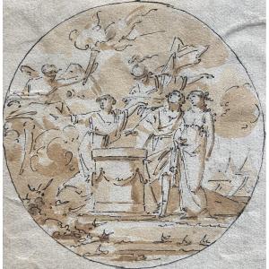 18th Century French School, Mythological Scene With A Couple, Pen And Brown Ink