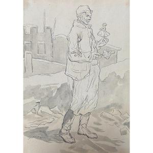 Paul Gavarni (1804-1866) The Puppeteer, Study For Janvier, Signed Drawing