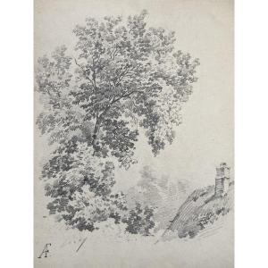 Eugène Cicéri (1813 - 1890) Un arbre au-dessus d'une chaumière, dessin signé